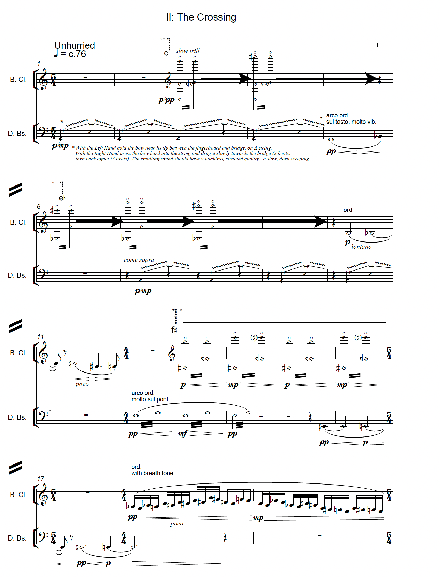 Orpheus Down for bass clarinet & double bass (2021), opening of mvt II showing double bass ‘scrape’ intimating the creak of Charon’s oar.
